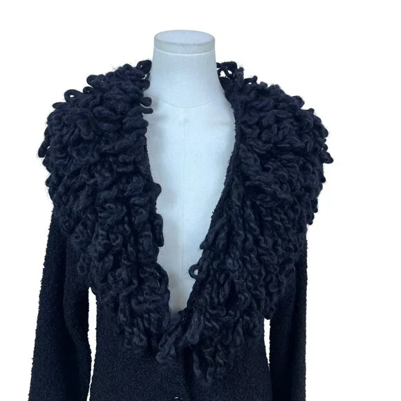 Halukoko Womens Black Ramie/Acrylic Long Coat With Textured Collar Size L - New - Picture 4 of 9